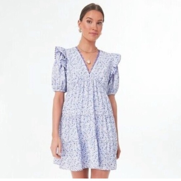 Blue and White Puff Sleeve V-Neck Mini Sundress - Picture 1 of 12